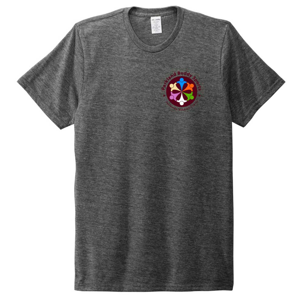 Unisex Tri-blend Tee Left chest. Available in White, Blue, Olive, Grey.