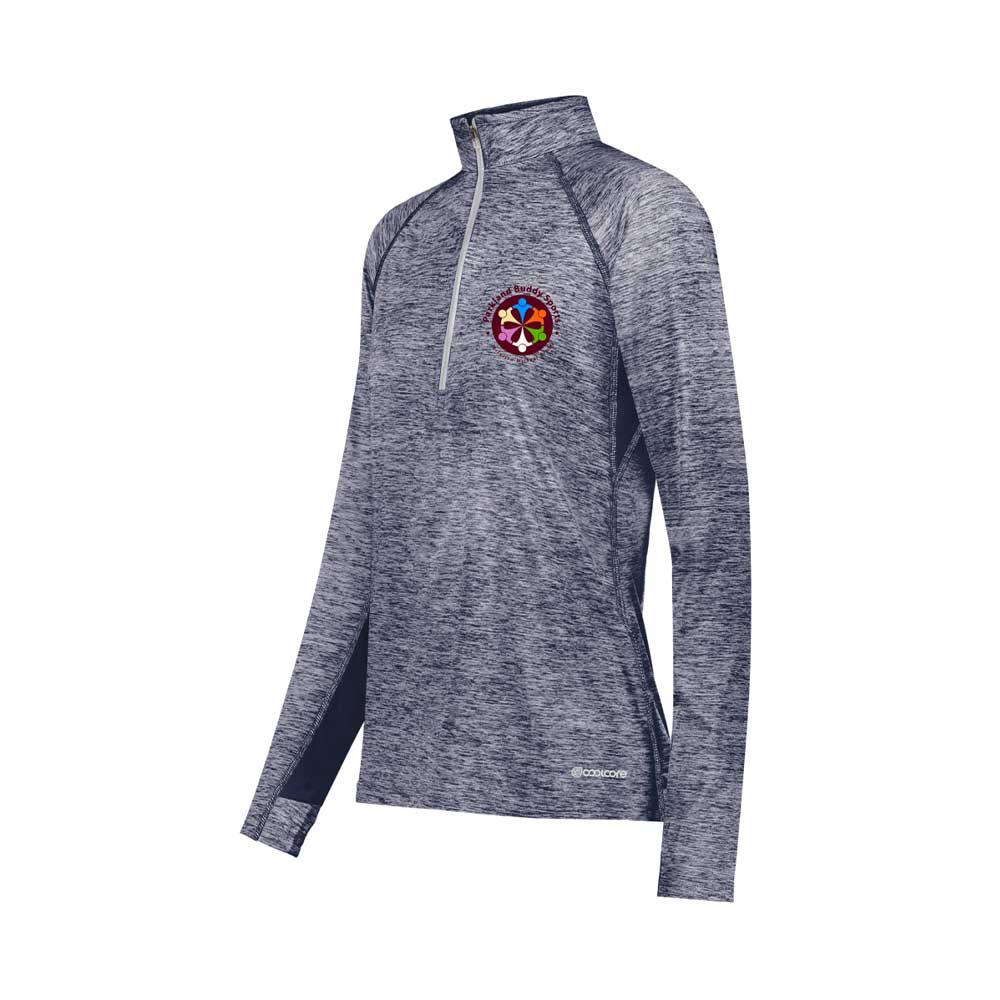 Women's 1/2 Zip Pullover. Available in White, Navy, Black, Purple.
